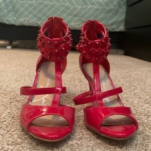 Pleather, strappy, red spike heels